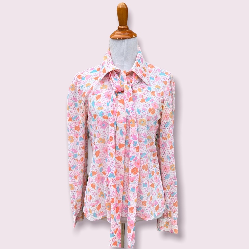 Vintage 60s retro floral print blouse with neck tie